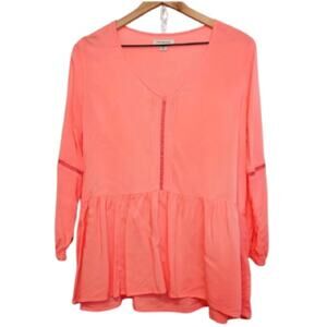 Calvin Klein Jeans Coral Pink Orange Cut Out Eyelet Long Sleeve Tunic Blouse Top